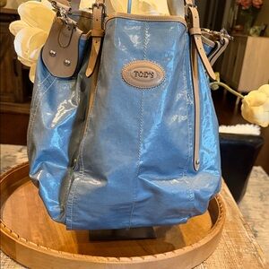 TOD'S Blue Leather Shoulder Bag with Tan Trim and Straps